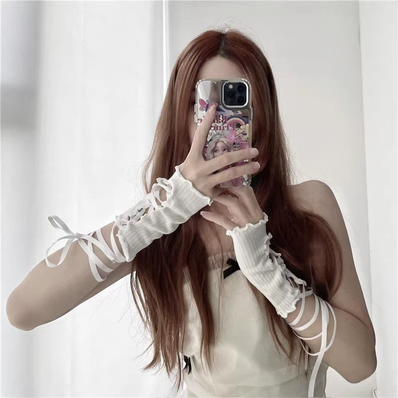 Fingerless Glove Knit - 여성 레이스업 핑거리스 암 슬리브 탄성