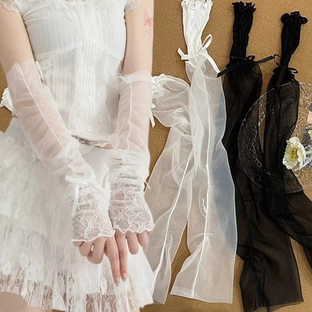 Fingerless Glove Knit - Y2K 레이스 러플 메쉬 장갑 리본