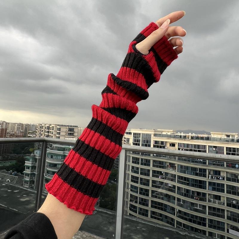 Fingerless Glove Knit - 겨울용 따뜻한 긴 소매 고딕 스트라이프
