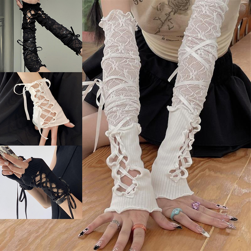 여성 레이스업 핑거리스 암 슬리브 탄성 메쉬 펑크 선스 - Fingerless Glove Knit 리뷰 및 가격